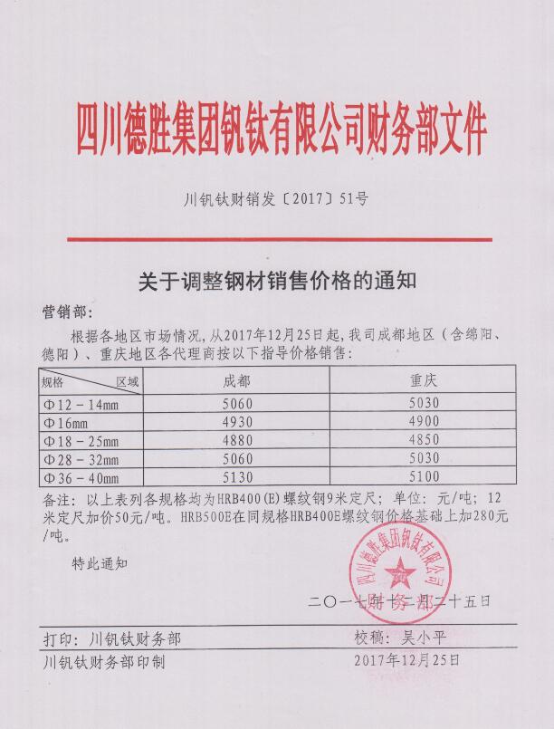 四川德胜集团钒钛有限公司12月25日钢材销售指导价