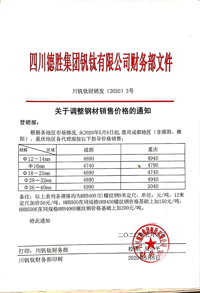 四川德胜集团钒钛有限公司5月6日钢材销售指导价
