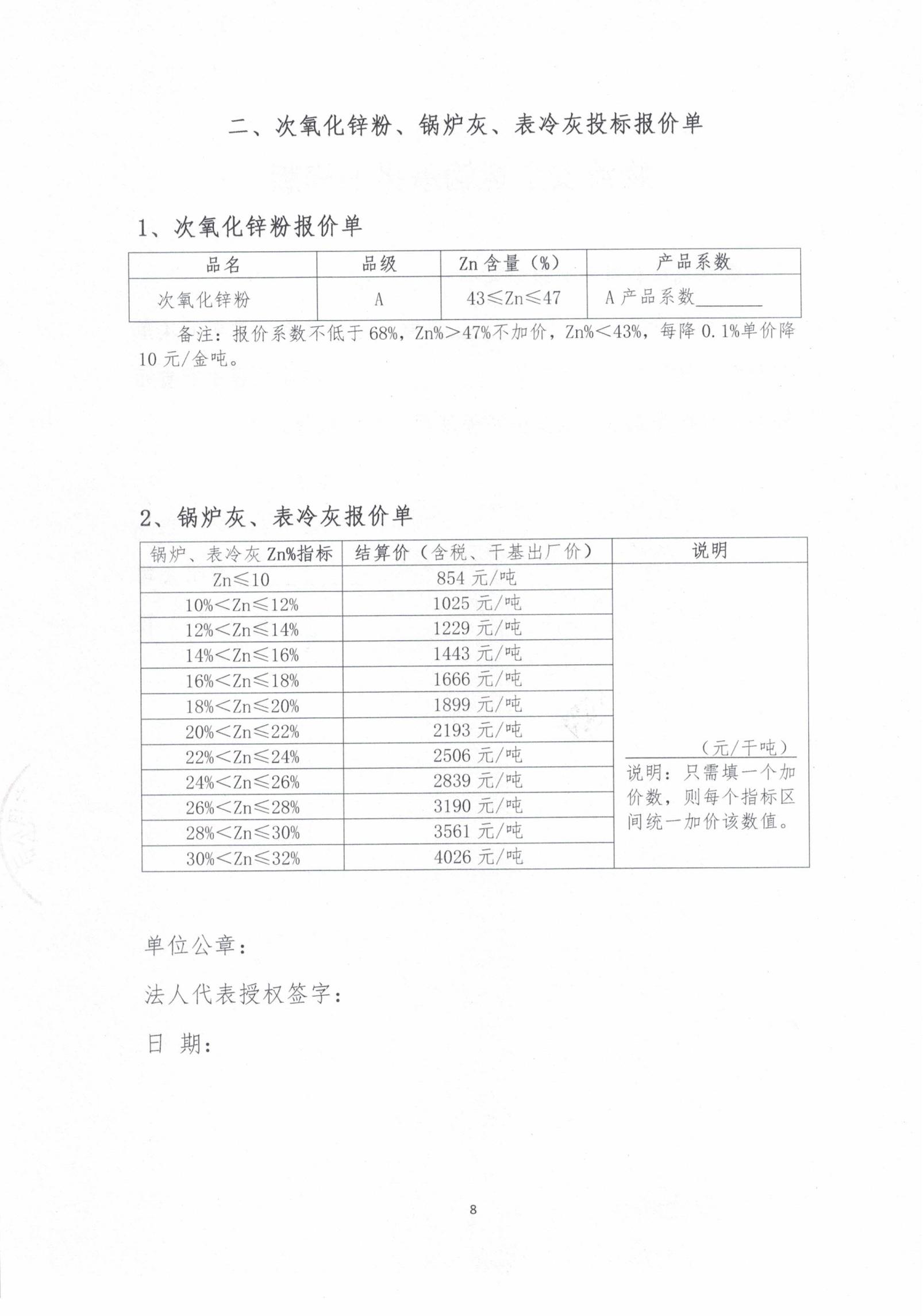 2026年次氧化锌粉、锅炉灰、表冷灰招标函告08